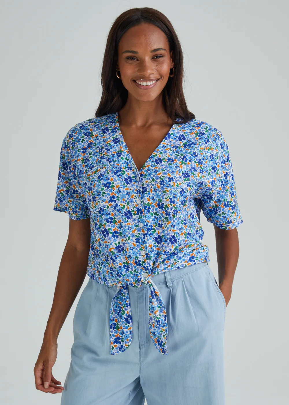 Blue Floral Tie Front Blouse - 8 Image 1