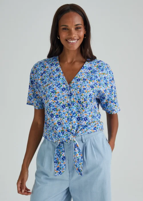 Blue Floral Tie Front Blouse - 8 Image 1