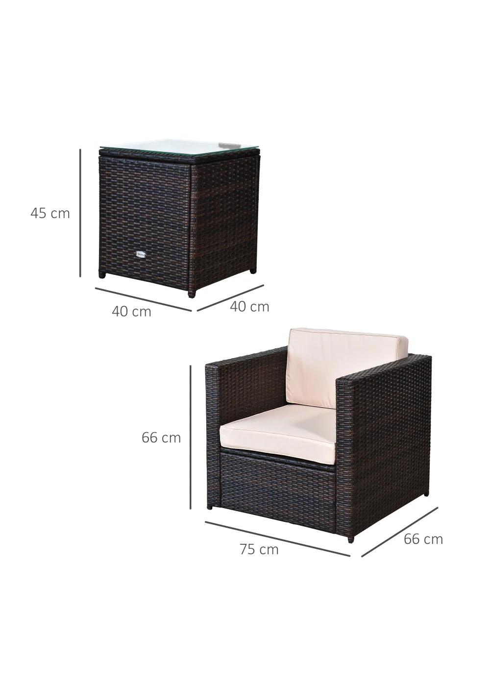 Outsunny 3 Pieces Outdoor PE Rattan Bistro Set with Cushions - One Size Image 3