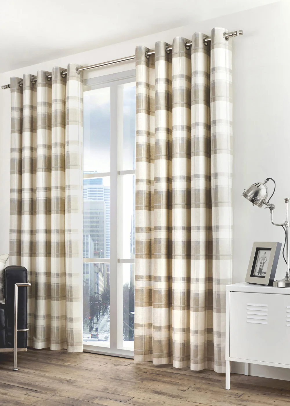 Fusion Balmoral Check Natural Eyelet Curtains - 46W X 54D (116x137cm) Image 3