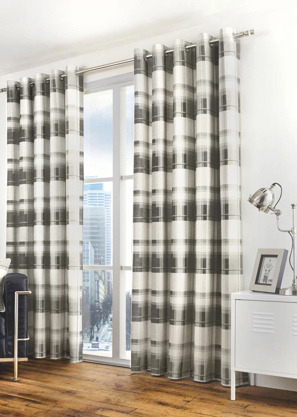 Fusion Balmoral Check Grey Eyelet Curtains - 46W X 54D (116x137cm) Image 3