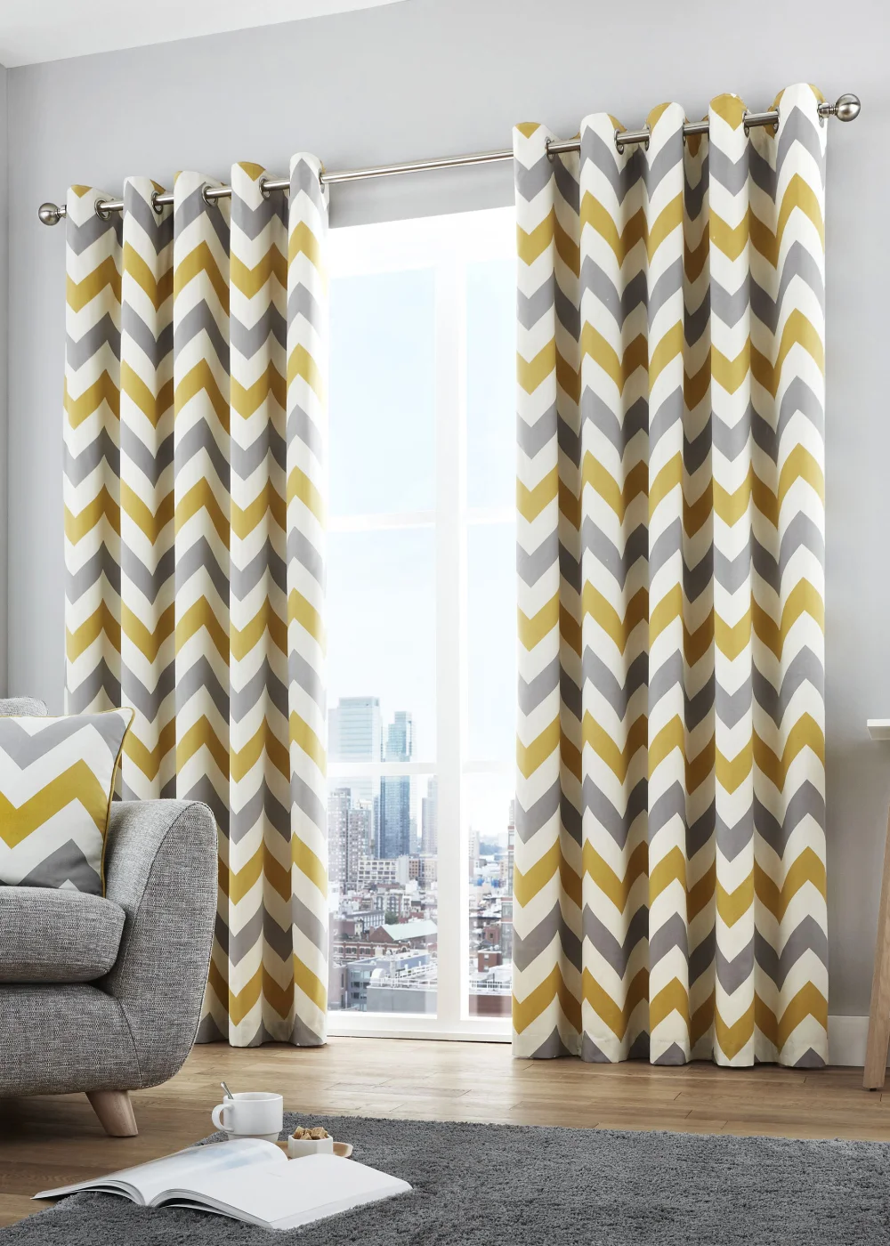 Fusion Chevron Curtains Yellow Eyelet Curtains - 46W X 54D (116x137cm) Image 1