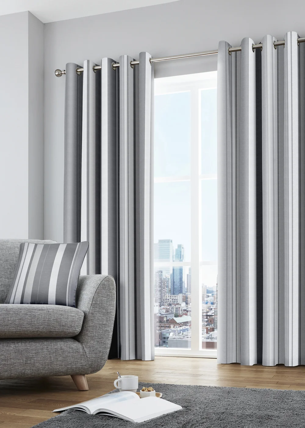 Fusion Whitworth Stripe Grey Eyelet Curtains - 46W X 54D (116x137cm) Image 4