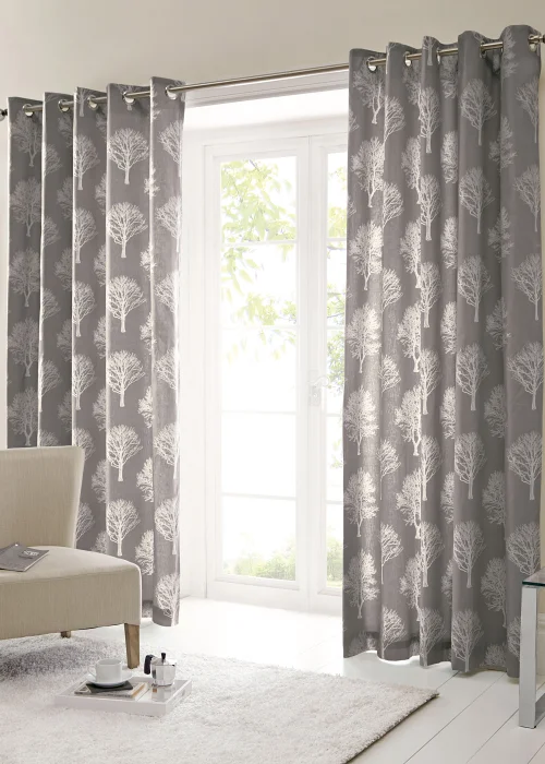 Fusion Woodland Trees Grey Eyelet Curtains - 46W X 54D (116x137cm) Image 1