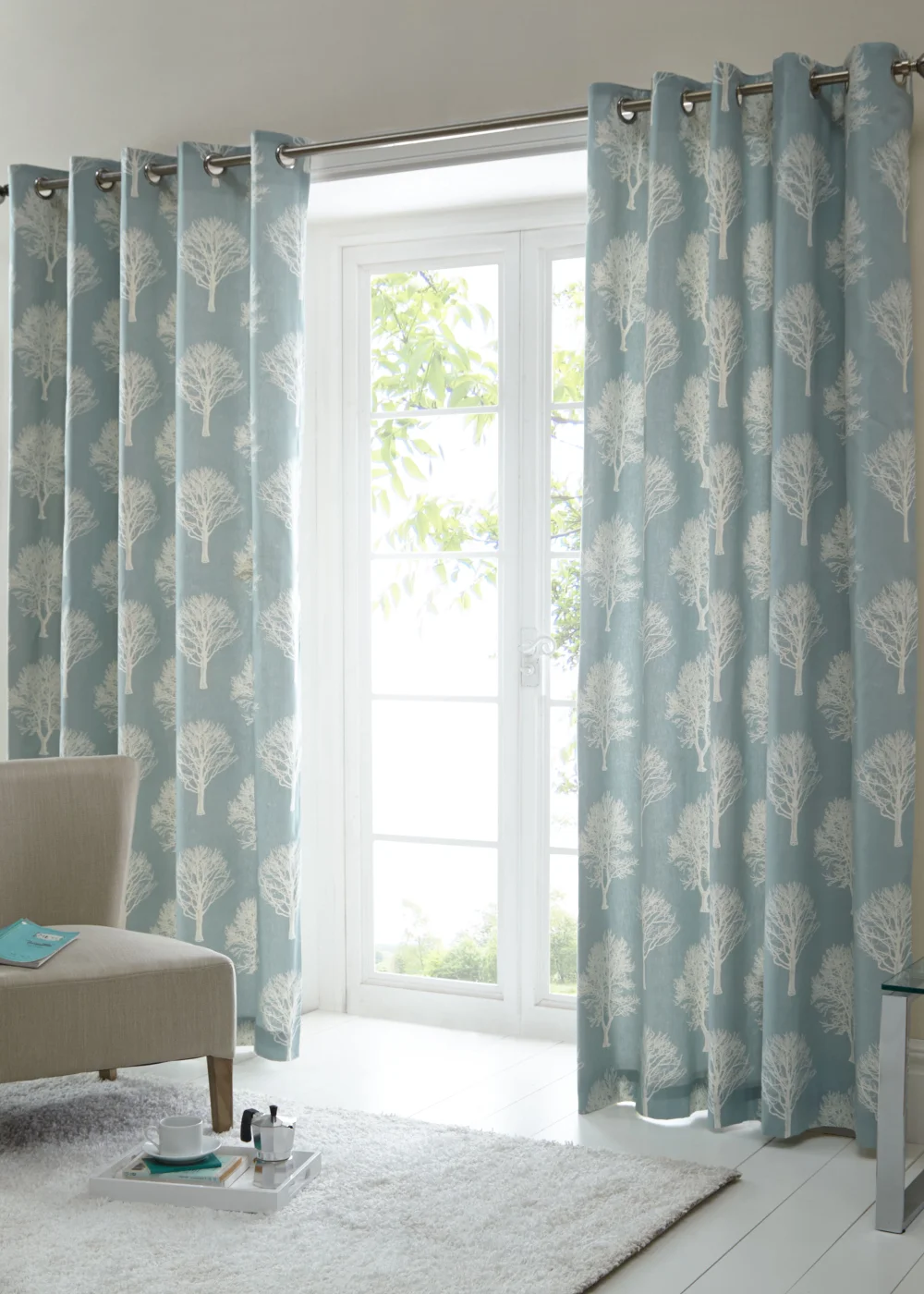 Fusion Woodland Trees Blue Eyelet Curtains - 46W X 54D (116x137cm) Image 1