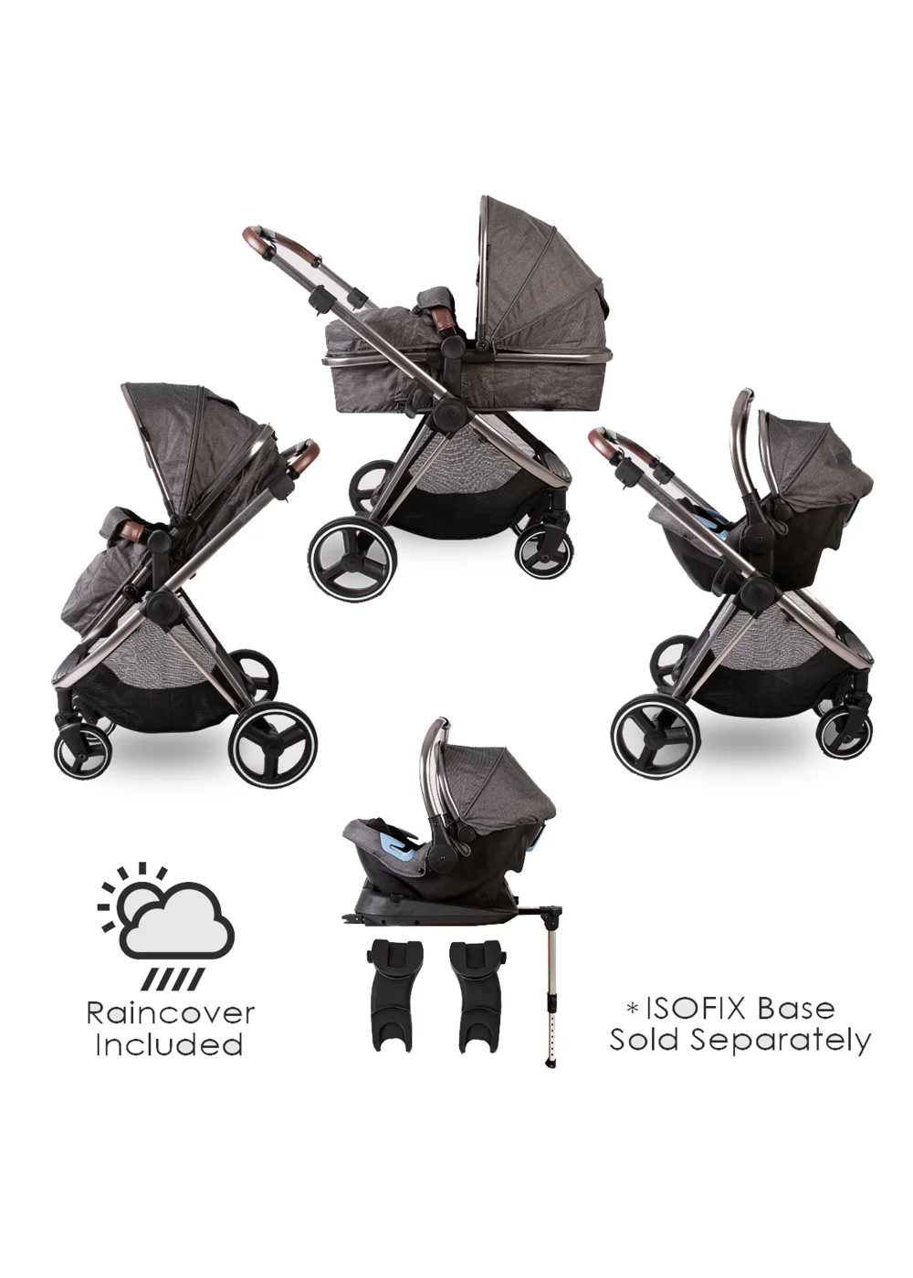 Push Pram Red Kite Push Me Pace Icon 3 in 1 Travel System Pram (105.5cm x 59cm x ...