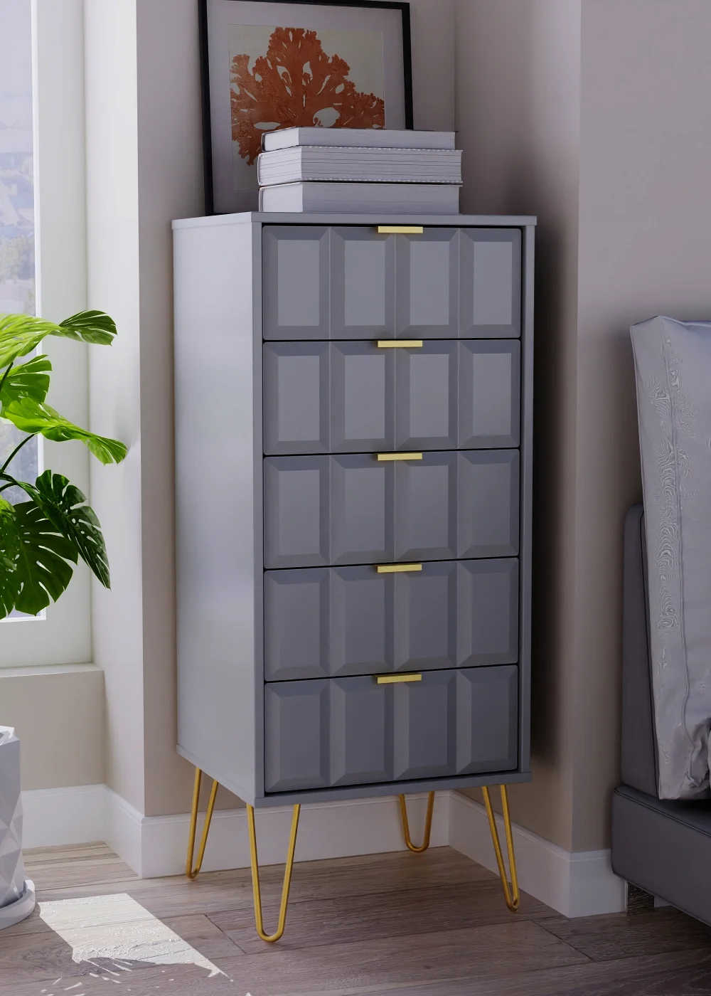 Ready Assembled Cube 5 Drawer Tall Bedside Cabinet - One Size Image 2