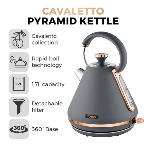 Tower Cavaletto 3KW 1.7 Litre Pyramid Kettle Grey & Rose Gold - One Size Image 2