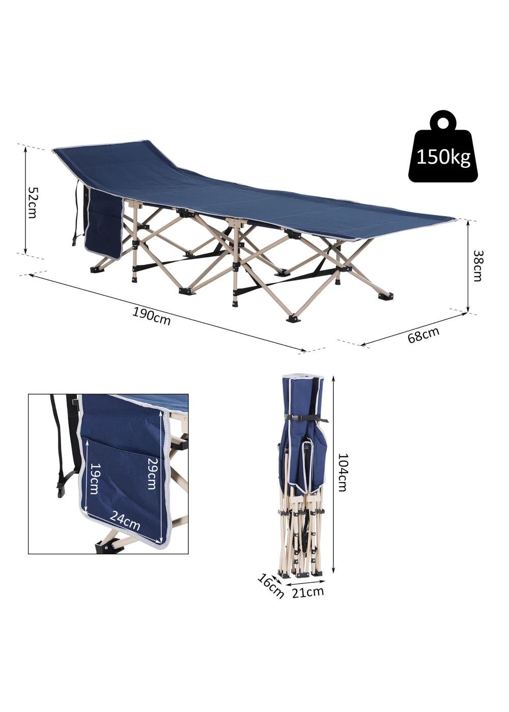 Outsunny Single Foldable Camping Bed (190cm x 68cm x 52cm) - No Size Image 3