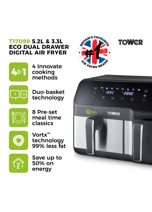 Tower Vortx Eco Duo Basket Air Fryer Grey Digital 5.2L + 3.3L - One Size Image 3