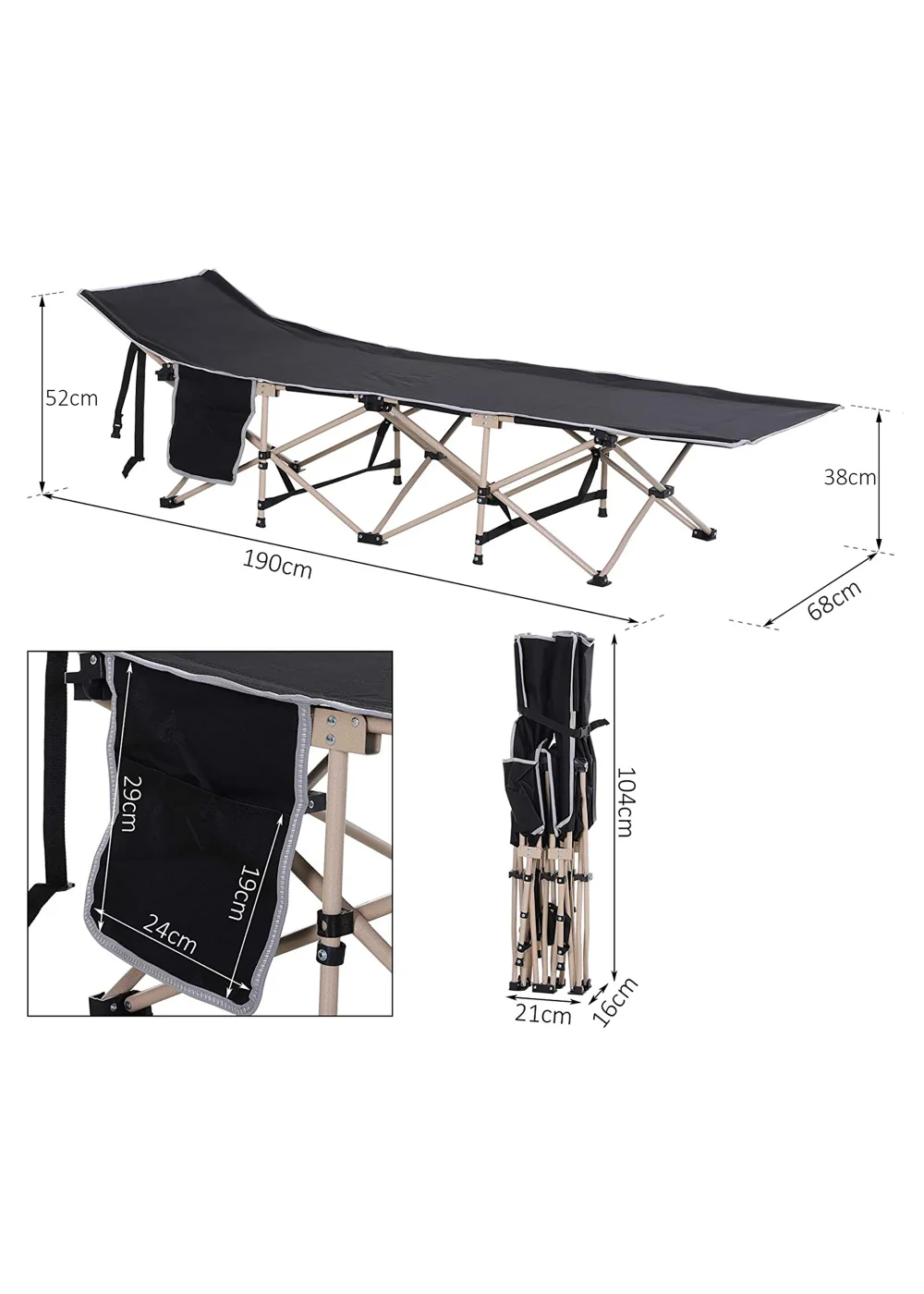 Outsunny Single Foldable Camping Bed (190cm x 68cm x 52cm) - One Size Image 3