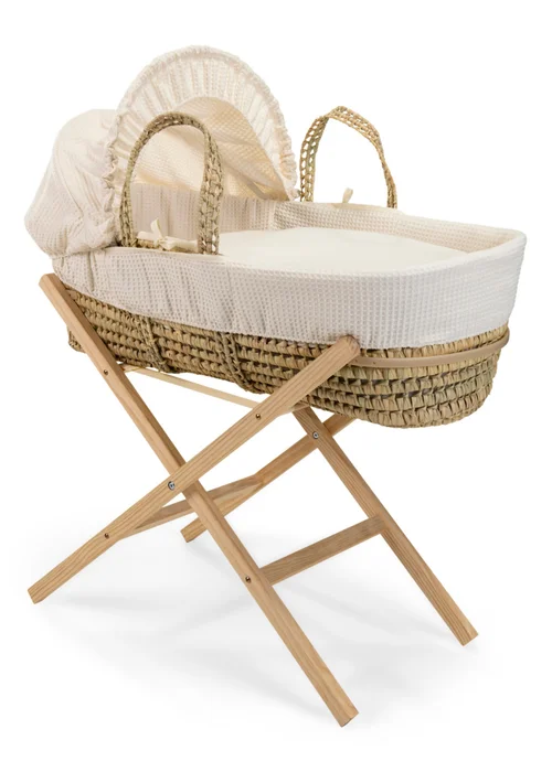 Clair de Lune Cream Waffle Palm Moses Basket with Natural Folding Stand - No Size Image 2