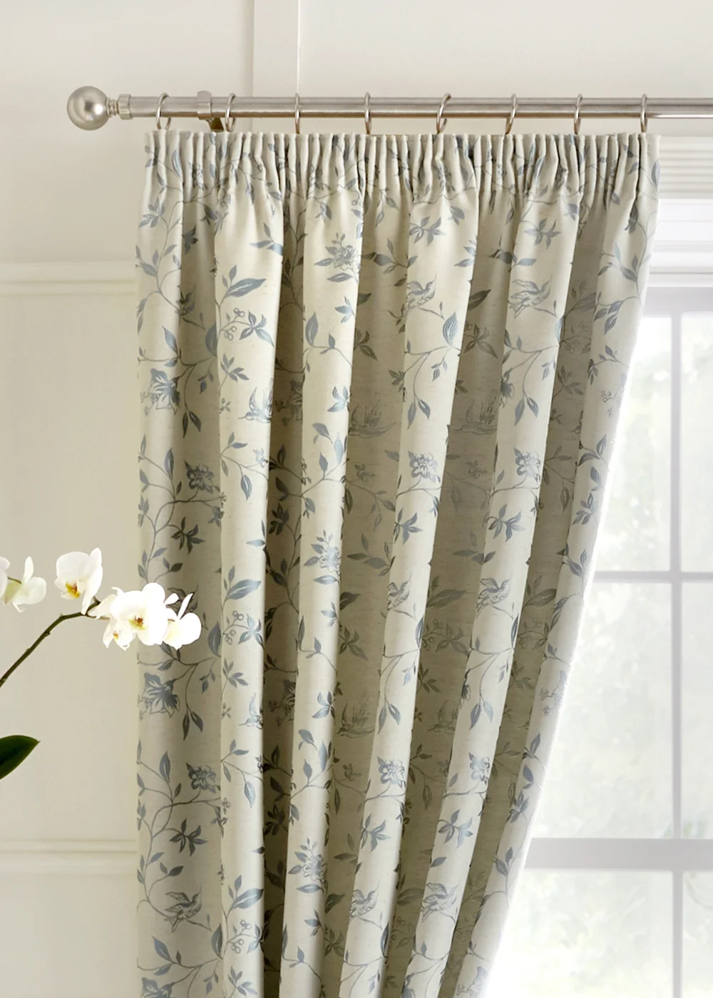 Curtina Bird Trail Jacquard Blue Pencil Pleat Curtains - 46W X 54D (116x137cm) Image 3
