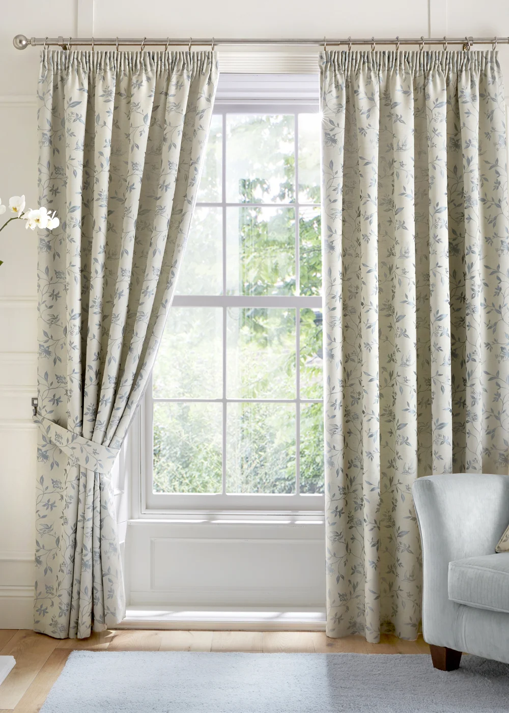 Curtina Bird Trail Jacquard Blue Pencil Pleat Curtains - 46W X 54D (116x137cm) Image 1