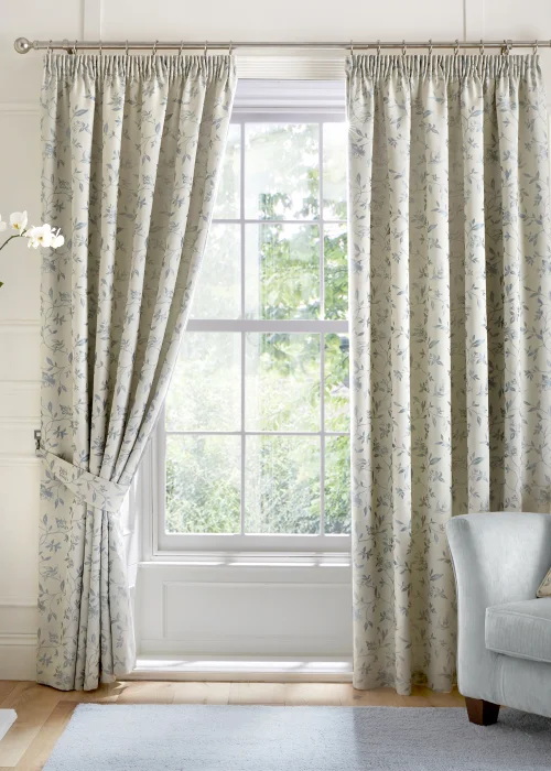 Curtina Bird Trail Jacquard Blue Pencil Pleat Curtains - 46W X 54D (116x137cm) Image 1