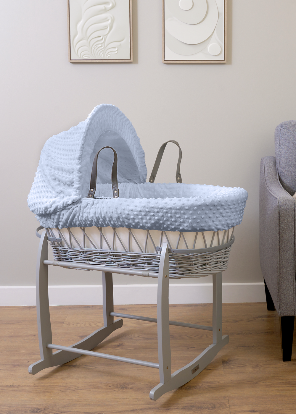 Clair de Lune Blue Dimple Wicker Moses Basket With Deluxe Rocking Stand - No Size Image 1
