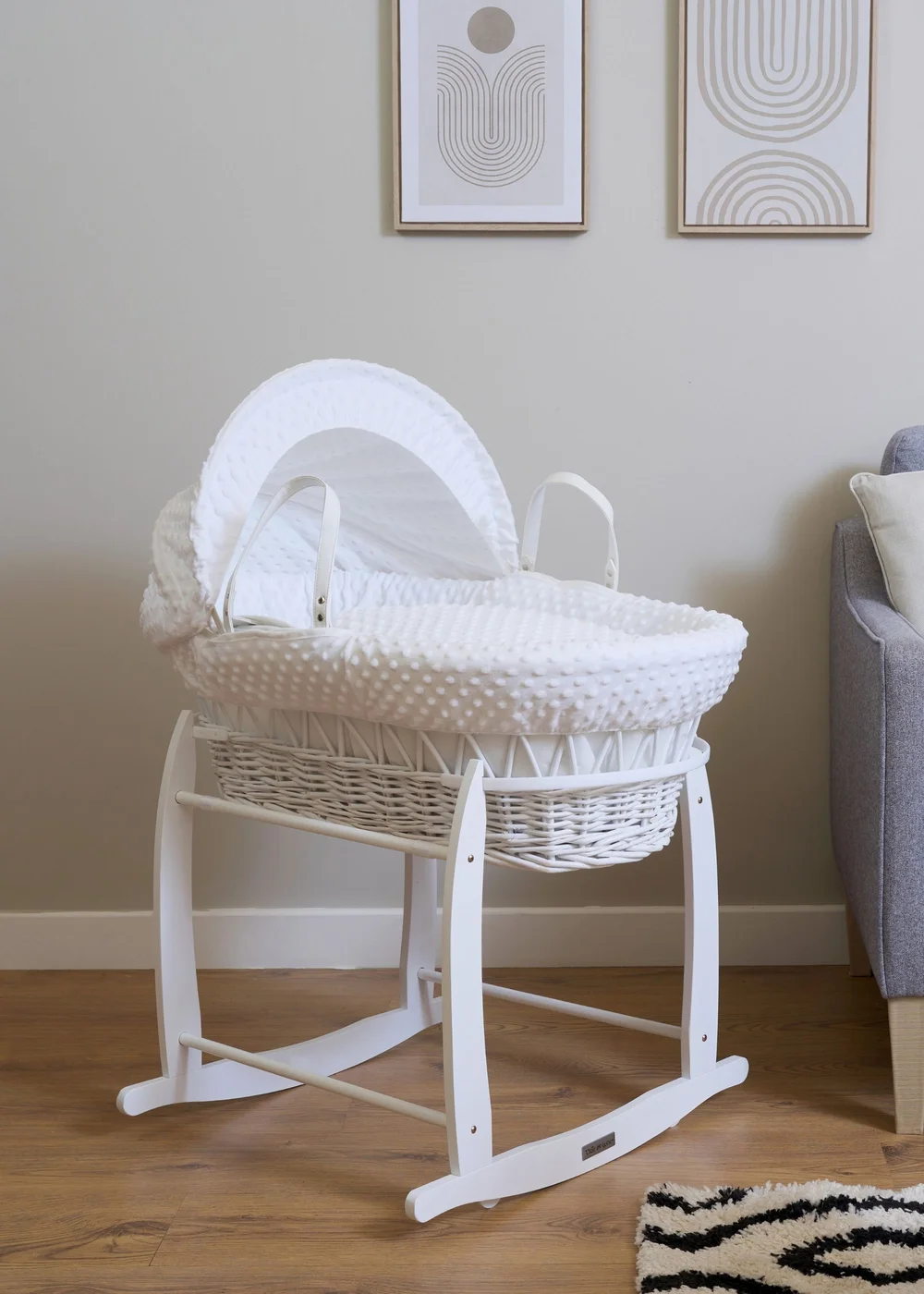 Clair de Lune White Dimple Wicker Moses Basket with Deluxe Rocking Stand - No Size Image 1