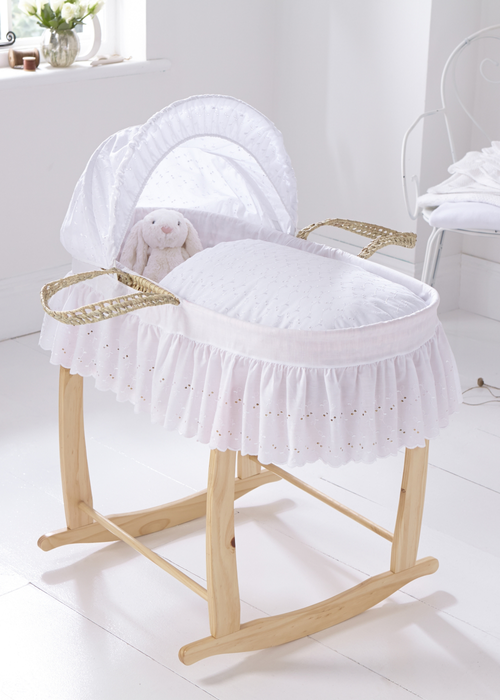 Clair de Lune White Broderie Anglaise Palm Moses Basket - One Size Image 2