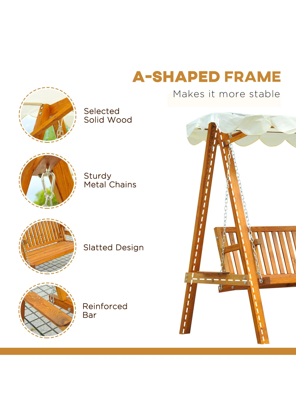 Outsunny 2 Seater Wooden Garden Canopy Swing Chair Hammock Bench - No Size Image 5