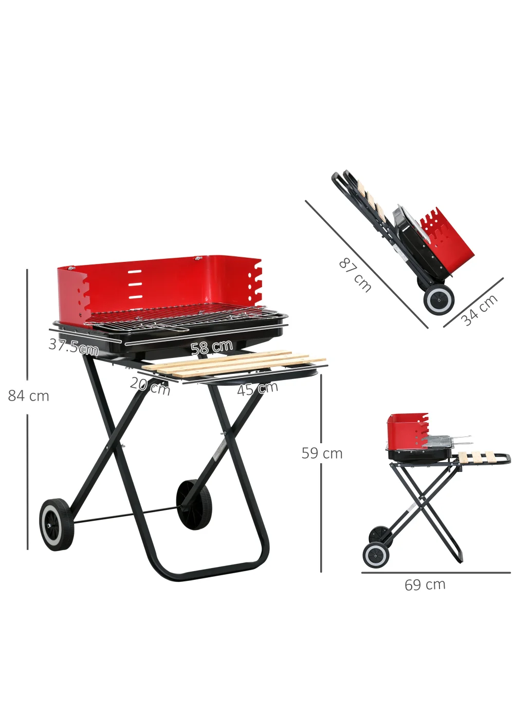 Outsunny Foldable Charcoal Barbecue Grill with Wheels (57cm x 64cm x 83cm) - No Size Image 3