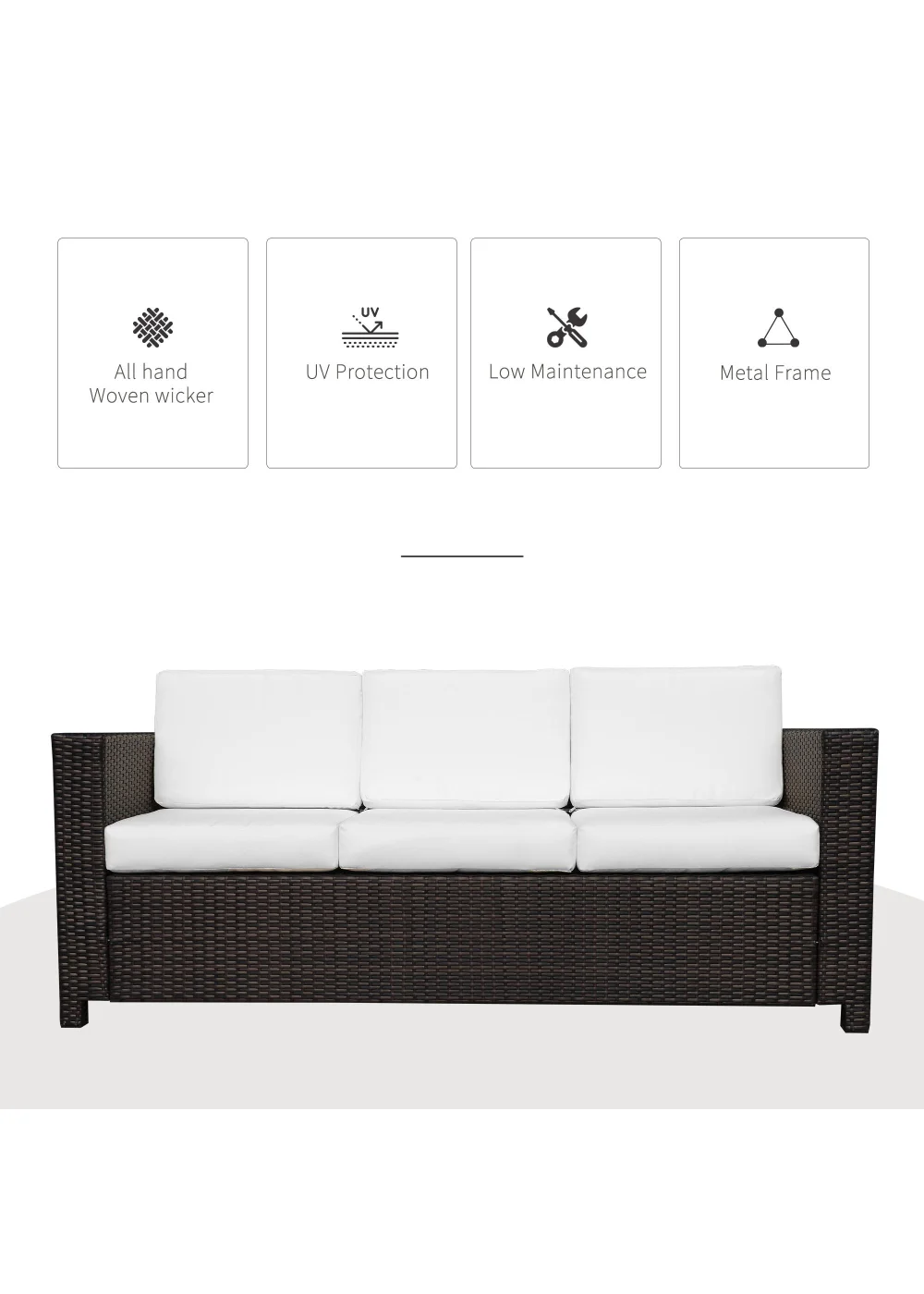 Outsunny Rattan Wicker 3 Seater Sofa with 10 cm Thick Padded Cushion - One Size Image 4