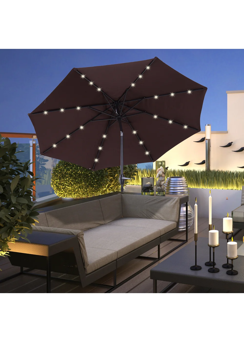 Outsunny Φ2.7m Garden 24 LED Light Parasol Solar Outdoor Tilt Sun Umbrella Patio Sun Shade-Brown - No Size Image 1