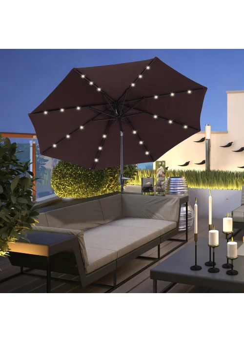 Outsunny Φ2.7m Garden 24 LED Light Parasol Solar Outdoor Tilt Sun Umbrella Patio Sun Shade-Brown - No Size Image 1