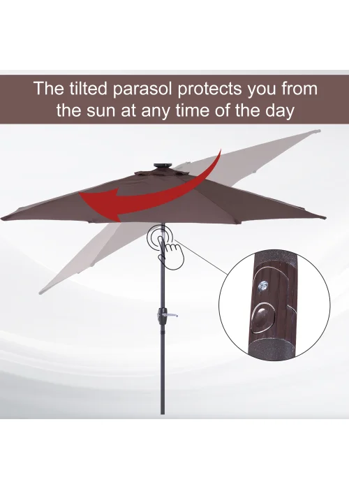 Outsunny Φ2.7m Garden 24 LED Light Parasol Solar Outdoor Tilt Sun Umbrella Patio Sun Shade-Brown - No Size Image 5