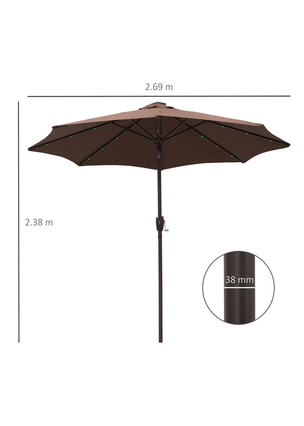 Outsunny Φ2.7m Garden 24 LED Light Parasol Solar Outdoor Tilt Sun Umbrella Patio Sun Shade-Brown - No Size Image 3