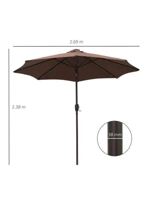 Outsunny Φ2.7m Garden 24 LED Light Parasol Solar Outdoor Tilt Sun Umbrella Patio Sun Shade-Brown - No Size Image 3