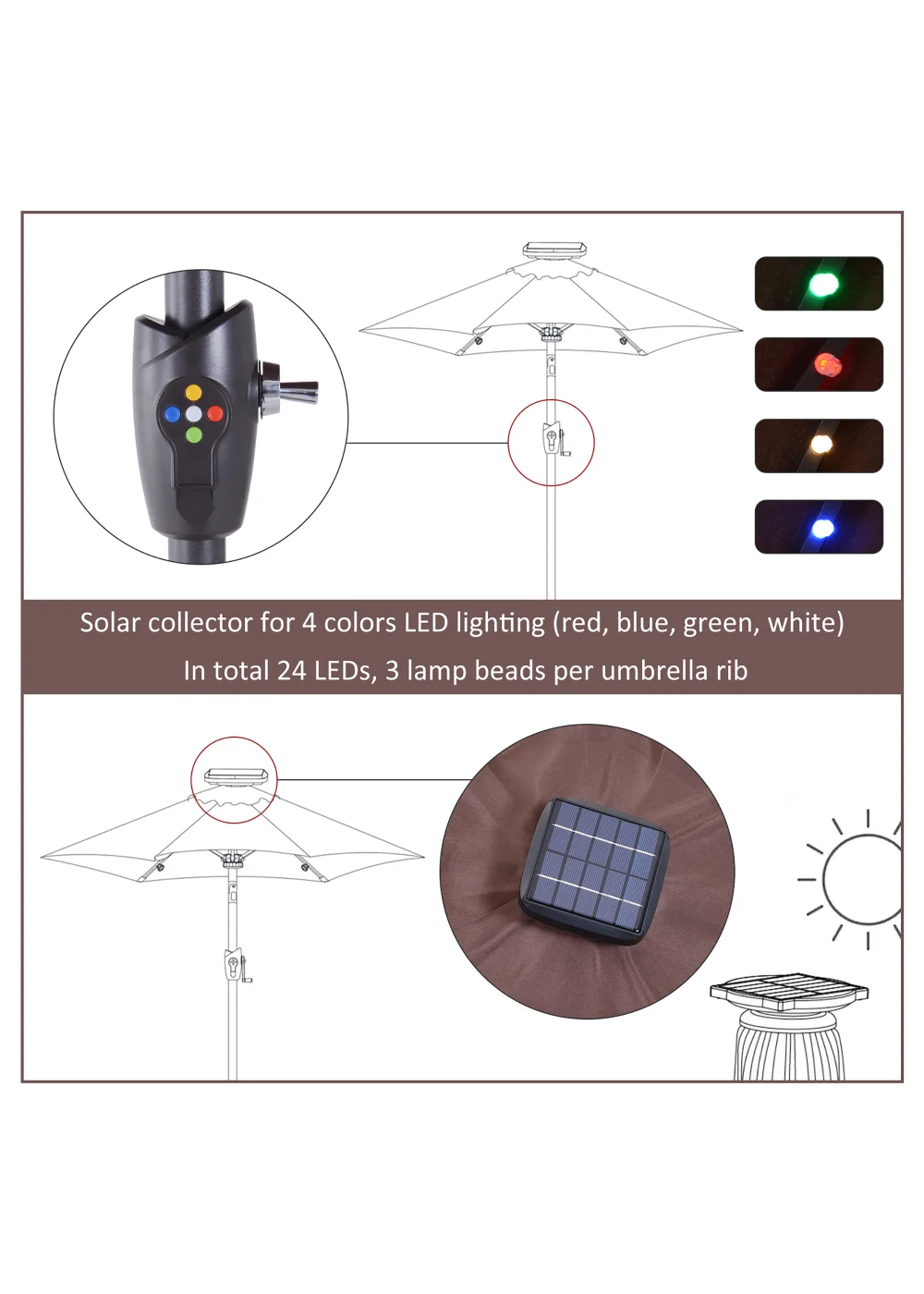 Outsunny Φ2.7m Garden 24 LED Light Parasol Solar Outdoor Tilt Sun Umbrella Patio Sun Shade-Brown - No Size Image 4