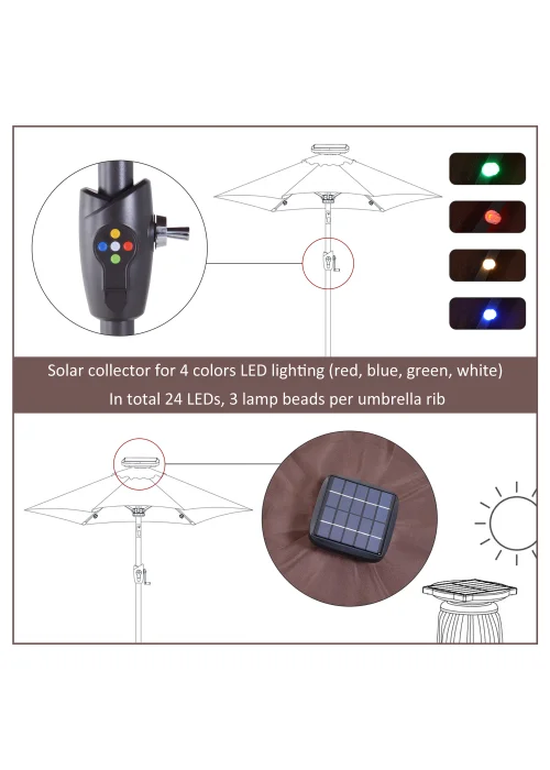 Outsunny Φ2.7m Garden 24 LED Light Parasol Solar Outdoor Tilt Sun Umbrella Patio Sun Shade-Brown - No Size Image 4
