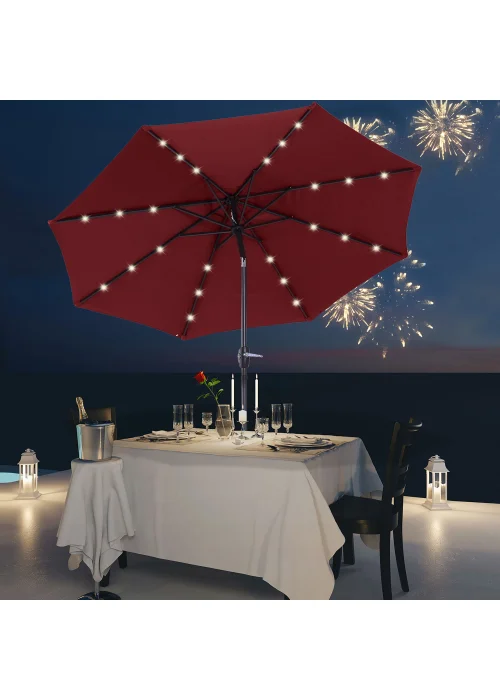 Outsunny Φ2.7m Garden 24 LED Light Parasol Solar Outdoor Tilt Sun Umbrella Patio Sun Shade-Red - No Size Image 1