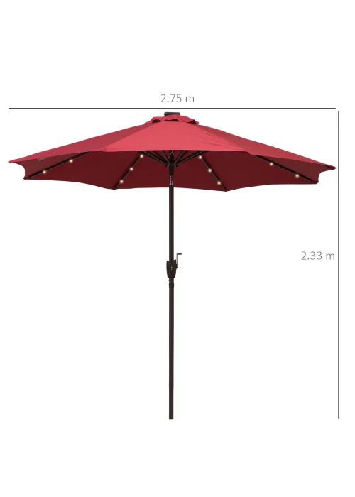 Outsunny Φ2.7m Garden 24 LED Light Parasol Solar Outdoor Tilt Sun Umbrella Patio Sun Shade-Red - No Size Image 3