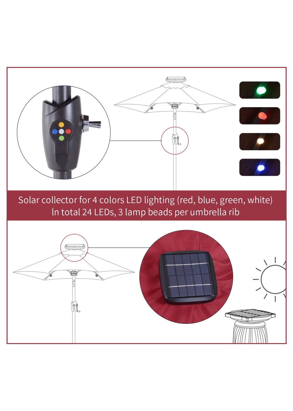 Outsunny Φ2.7m Garden 24 LED Light Parasol Solar Outdoor Tilt Sun Umbrella Patio Sun Shade-Red - No Size Image 4
