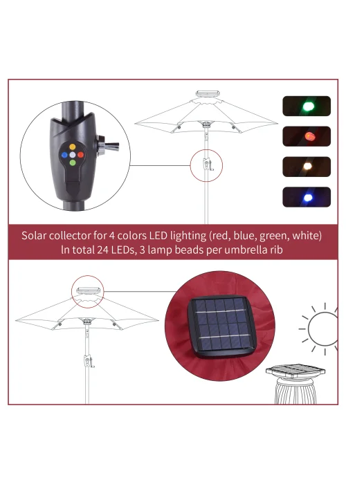 Outsunny Φ2.7m Garden 24 LED Light Parasol Solar Outdoor Tilt Sun Umbrella Patio Sun Shade-Red - No Size Image 4