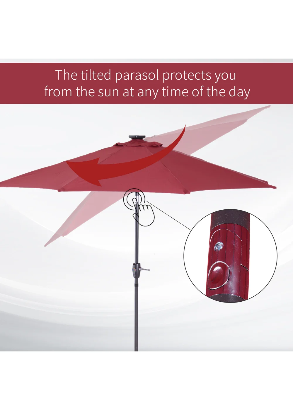 Outsunny Φ2.7m Garden 24 LED Light Parasol Solar Outdoor Tilt Sun Umbrella Patio Sun Shade-Red - No Size Image 5