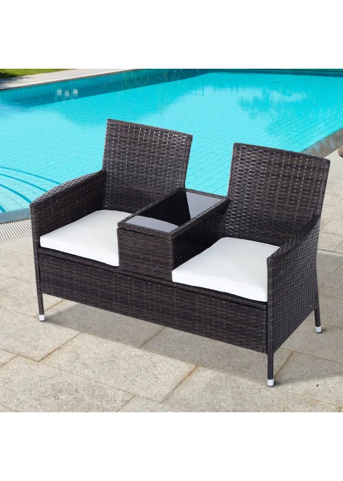 Outsunny Garden Rattan 2 Seater Companion Seat Wicker Love Seat Weave Partner Bench with Cushions - One Size Image 1