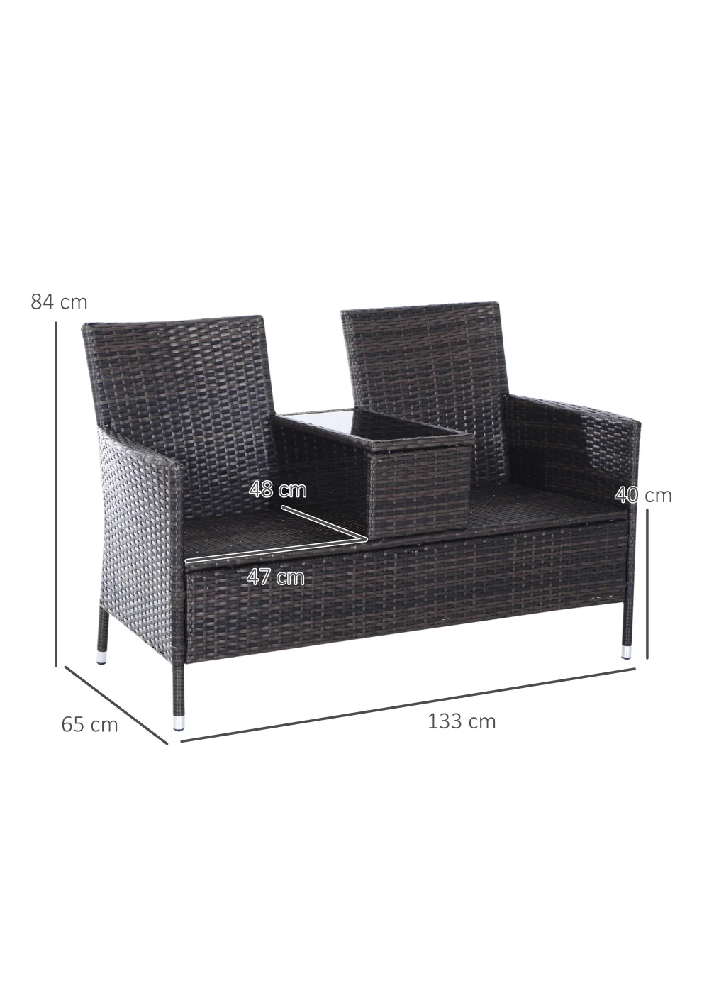 Outsunny Garden Rattan 2 Seater Companion Seat Wicker Love Seat Weave Partner Bench with Cushions - One Size Image 3