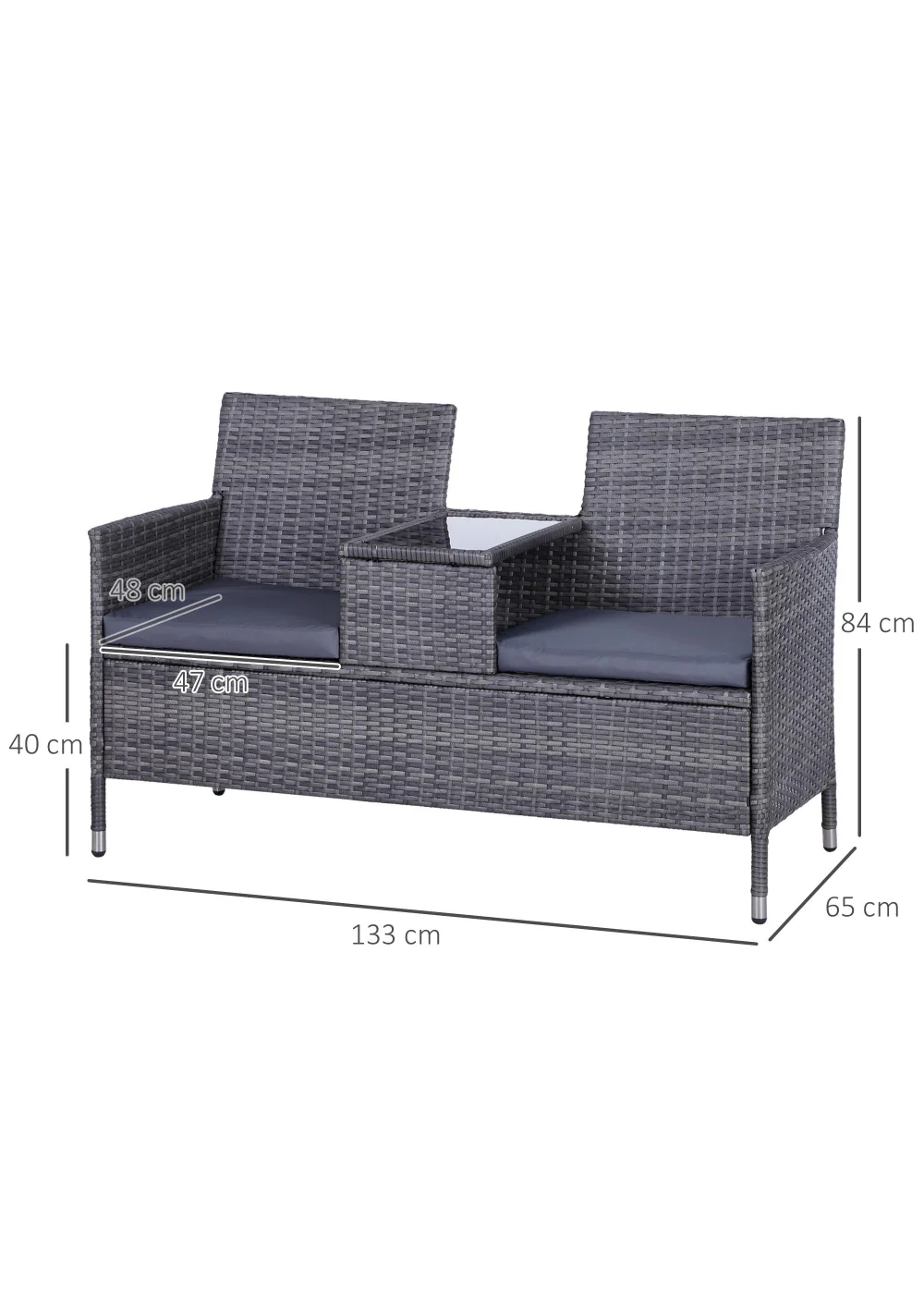 Outsunny Garden Rattan 2 Seater Companion Seat Wicker Love Seat Weave Partner Bench with Cushions - No Size Image 3
