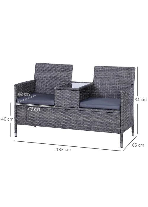 Outsunny Garden Rattan 2 Seater Companion Seat Wicker Love Seat Weave Partner Bench with Cushions - No Size Image 3
