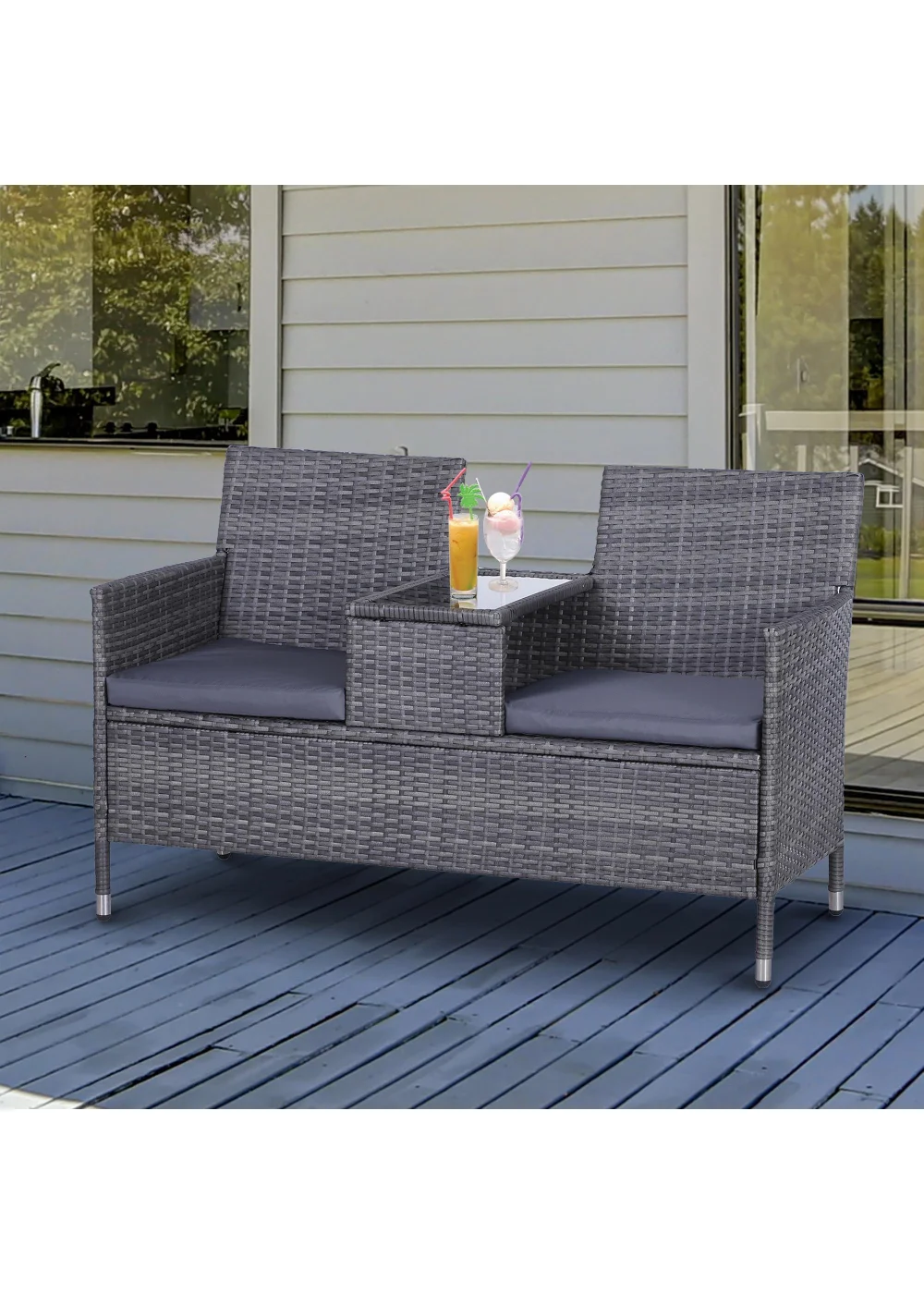 Outsunny Garden Rattan 2 Seater Companion Seat Wicker Love Seat Weave Partner Bench with Cushions - No Size Image 1
