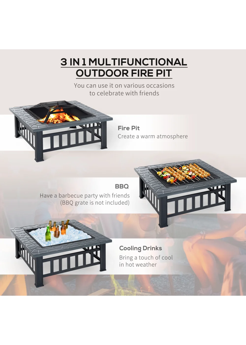 Outsunny Metal Firepit Outdoor Square Fire Pit - No Size Image 4
