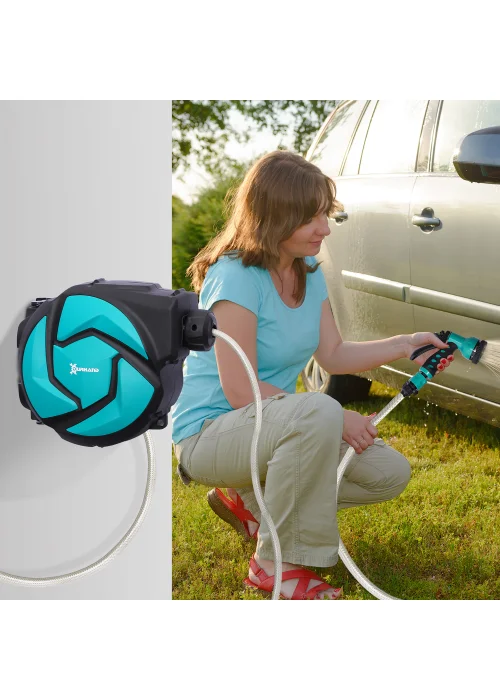 DURHAND 10m Garden Auto Hose Reel Wall Mounted Retractable 7 Patterns Spray Nozzle - No Size Image 1