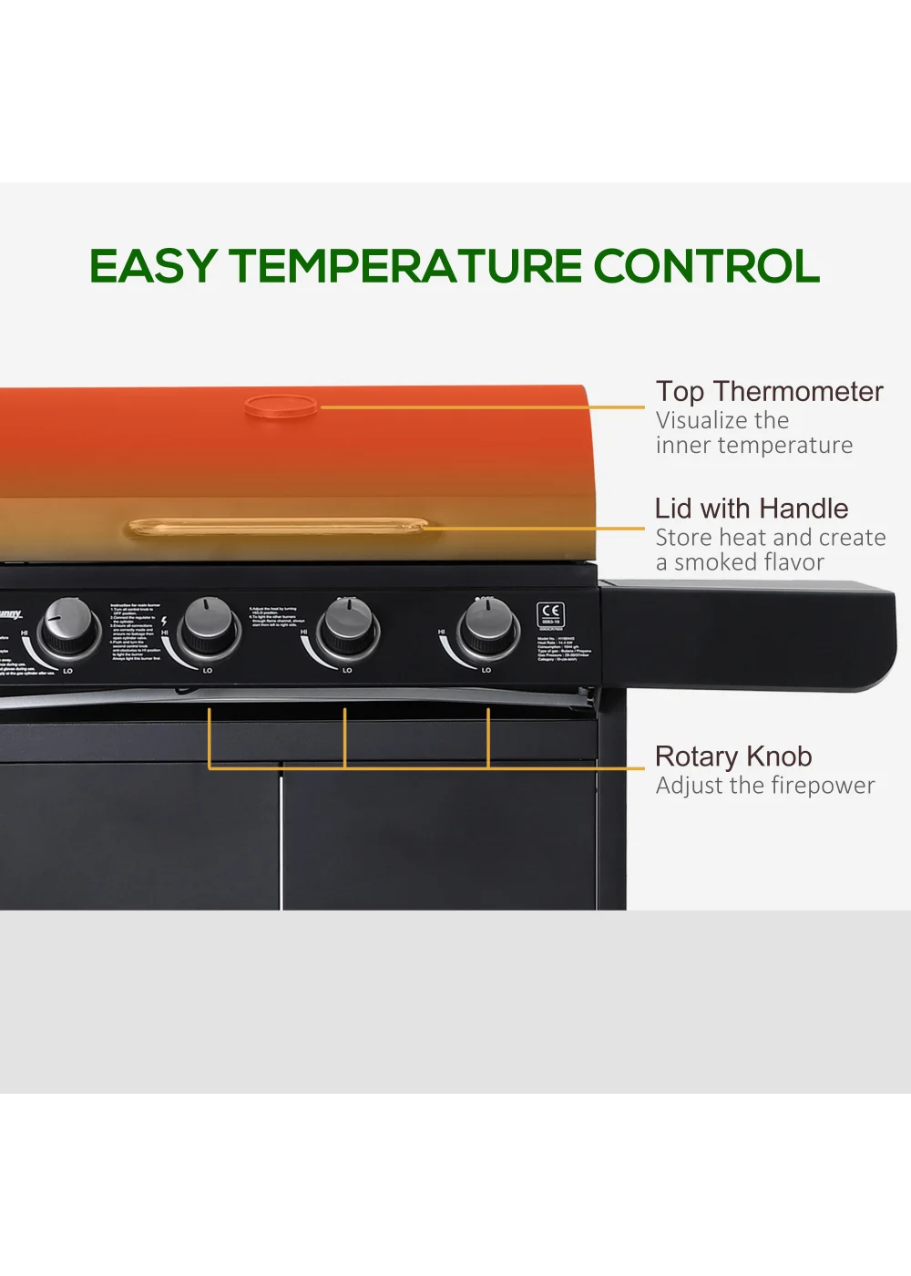 Outsunny 4+1 Gas Burner Grill BBQ Trolley with Storage Side Table and Wheels - No Size Image 5