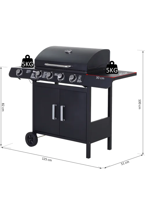 Outsunny 4+1 Gas Burner Grill BBQ Trolley with Storage Side Table and Wheels - No Size Image 3