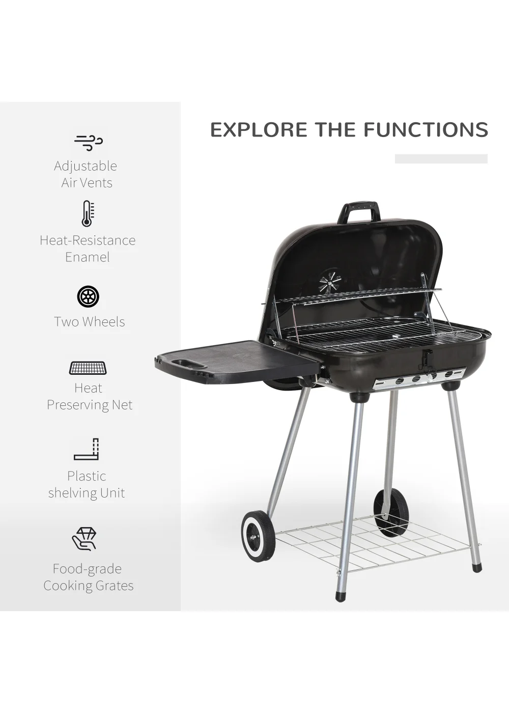 Outsunny Portable Charcoal Steel Grill Barbecue (96cm x 60cm x 83cm) - One Size Image 4