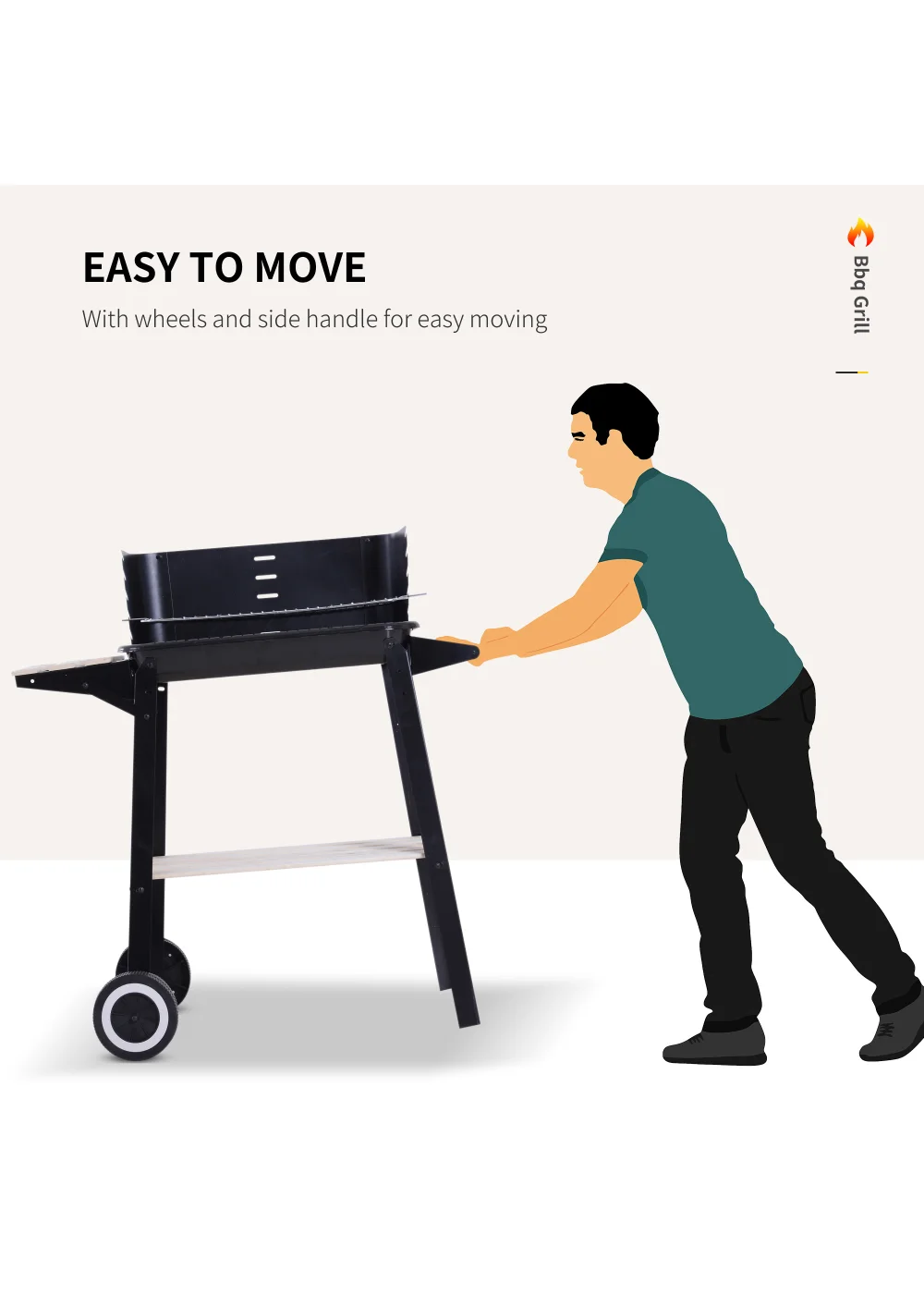 Outsunny Trolley Charcoal BBQ Barbecue Grill with Side Trays Storage Shelf and Wheels - No Size Image 4