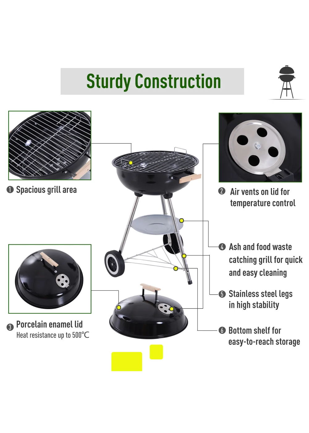 Outsunny Portable Round Kettle Charcoal Grill BBQ Smoker with Lid - No Size Image 5