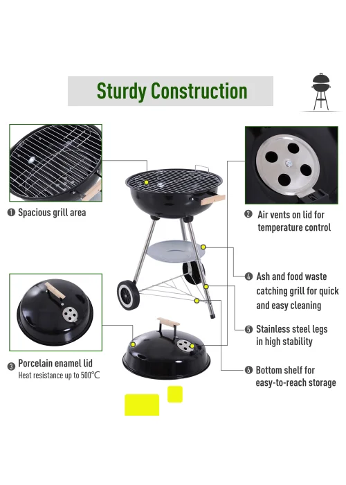 Outsunny Portable Round Kettle Charcoal Grill BBQ Smoker with Lid - No Size Image 5